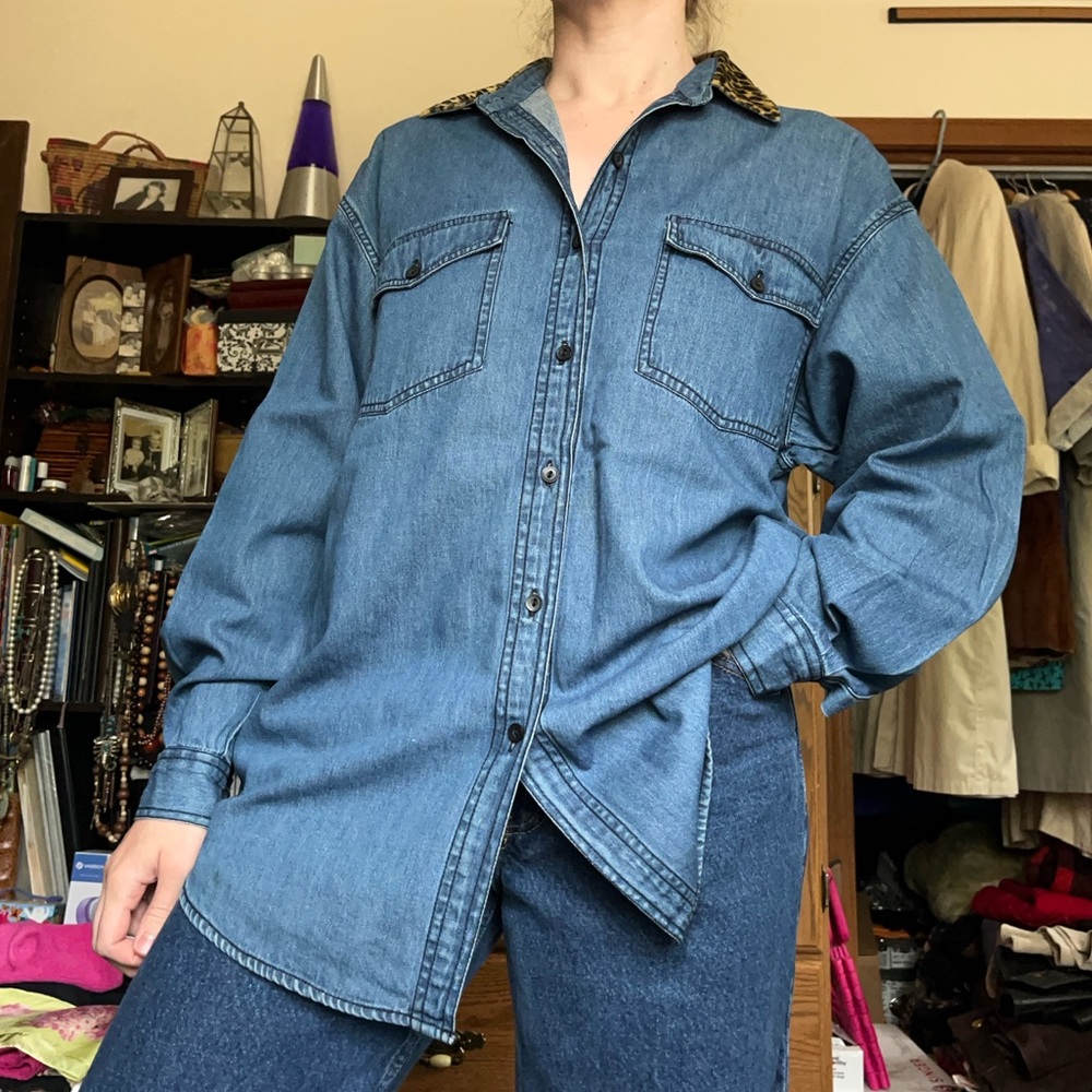 90s Solutions Denim Button-Up Shirt Leopard Collar Animal Print Funky - Picture 10 of 13